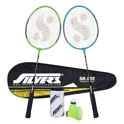 Silver's SB-100 Combo-2 (2 B/Badminton Rackets with 1 Full Cover + 2 Pcs Plastic Shuttle) Green-Blue, Steel at ₹279