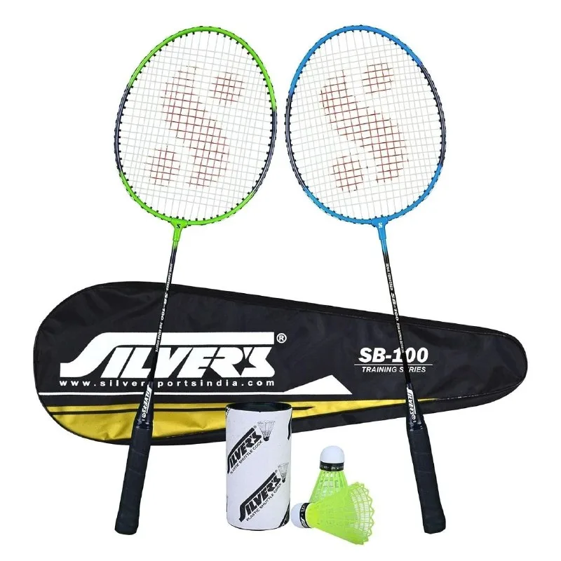 Silver's SB-100 Combo-2 (2 B/Badminton Rackets with 1 Full Cover + 2 Pcs Plastic Shuttle) Green-Blue, Steel at ₹279