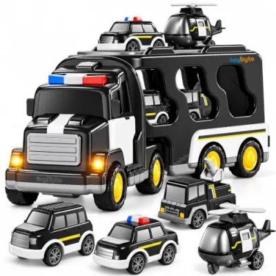 5 in 1 Friction Powered Police Truck Toy Car Set for Boy 3-10 Years Transport Vehicle Montessori Carrier Educational Light Music Pullback 1  at ₹719