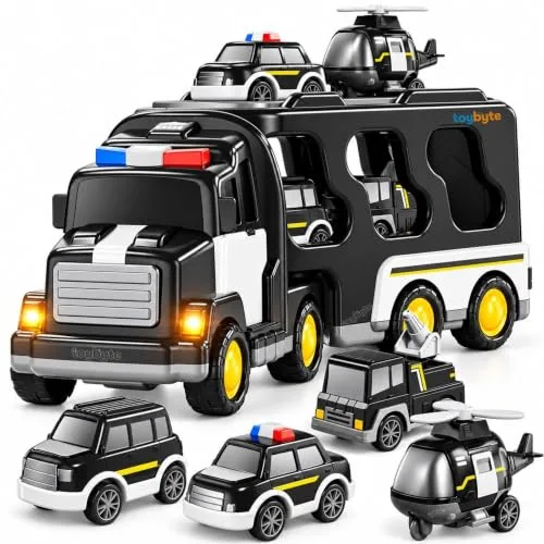 5 in 1 Friction Powered Police Truck Toy Car Set for Boy 3-10 Years Transport Vehicle Montessori Carrier Educational Light Music Pullback 1  at ₹719