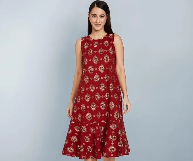 Myx A-line Sleeveless Dress (PAG 101_Golden JAAL RED_X-Small) at ₹179