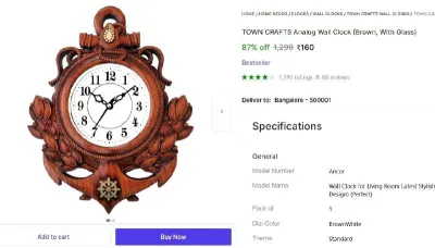 Analog Wall Clock (Brown, With Glass) at ₹160