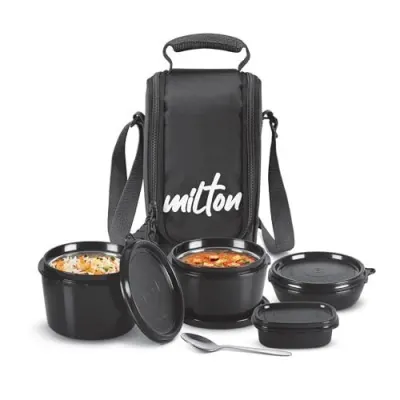 Milton Pro Munch Tiffin (3 Microwave Safe Inner Steel Containers,180/320/450/100ml; 1 Plastic Chutney Dabba; Steel Spoon) with Insulated Fab at ₹599
