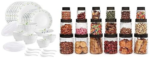 Cello Tropical Lagoon Dazzle Series Opalware Dinner Set, 35 Pieces, Service for 6, White, Extra Large & Cello Checkers Plastic PET Canister  at ₹1,698