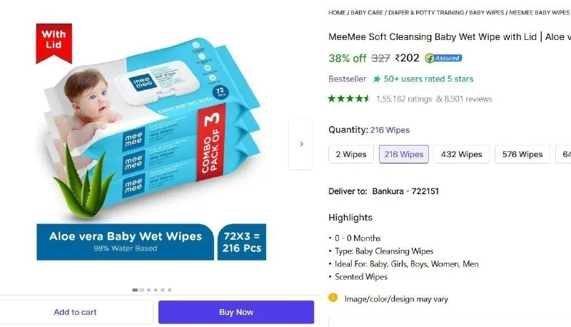 Aloe Vera - Pack of 3 (216 Wipes) at ₹202