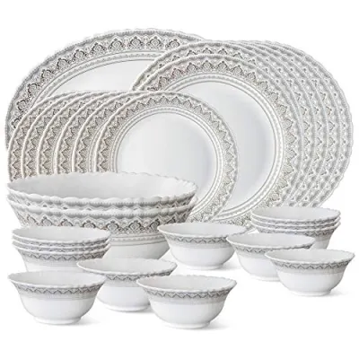 Larah by Borosil Fluted Series Classic Opalware Dinner Set | 27 Piece for Family of 6 | Microwave & Dishwasher Safe | Bone-Ash Free | Crocke at ₹1,699