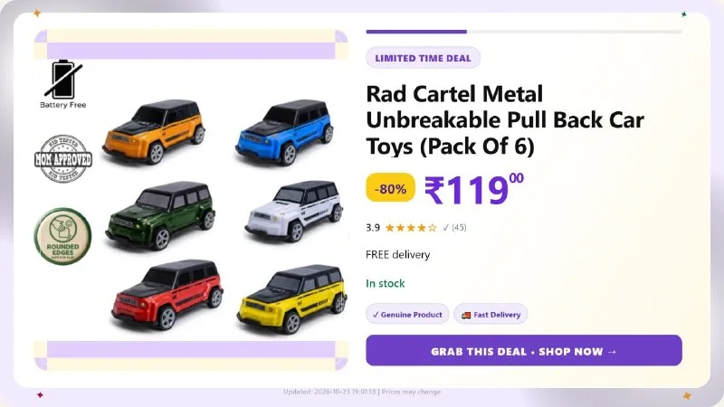 Rad Cartel Metal Unbreakable Pull Back Car Toys (Pack Of 6) at ₹119