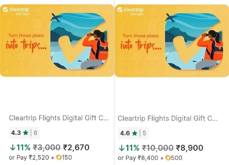 FLASH SALE (8PM - 12AM) – Flat 11% Off On Cleartrip Flight Gift Cards + Burn your Supercoins also