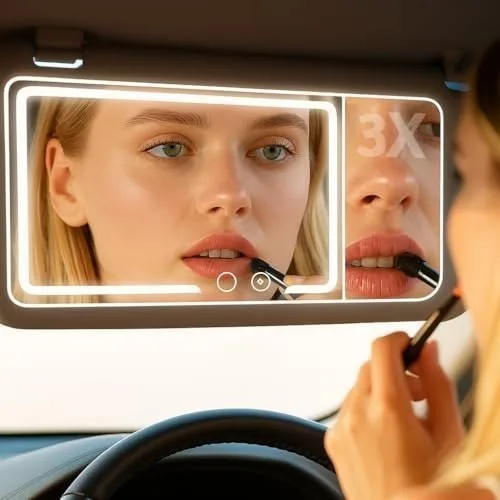 Eliane Car Visor Vanity Mirror with LED Lights & 3X Zoom – 3 Color Makeup Mirror, Dimmable Brightness, HD Glass, Touch Control, Universal Su at ₹678