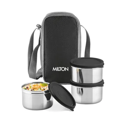 MILTON Stack Pack 3 Stainless Steel Lunch Box (3 X 500 ml containers) with Jacket, Leak Proof, Food Grade, Lightweight, Odour Proof, 1 Year  at ₹483