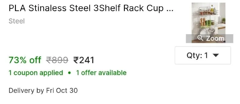 PLA Stinaless Steel 3Shelf Rack Cup Kitchen Rack at ₹241