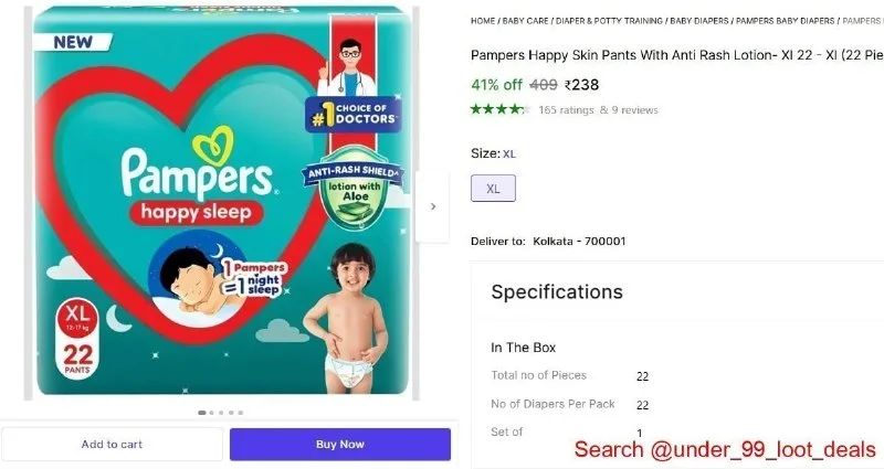 Pampers Happy Skin Pants With Anti Rash Lotion - Xl (22 Pieces) at ₹238
