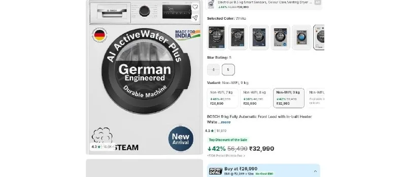 BOSCH 9 kg Fully Automatic Front Load at ₹26,990
