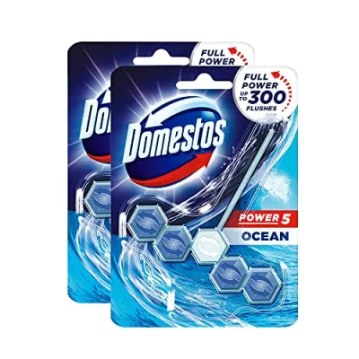 Domestos Power 5 Toilet Rim Block, Ocean, Limescale Removal with Long Lasting Ocean Fragrance, Provides Hygiene & Shine, 55 gm (Pack Of 2) at ₹224