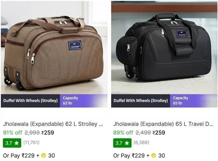 (Expandable) 62 L Strolley Duffel Bag at ₹259