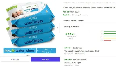 NOVEL Baby 99% Water Wipes 80 Sheets pack of 3 with Lid at ₹208