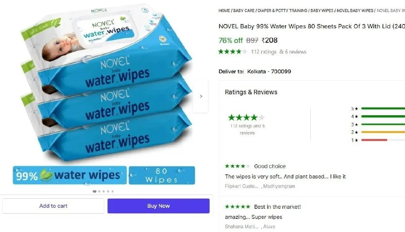 NOVEL Baby 99% Water Wipes 80 Sheets pack of 3 with Lid at ₹208