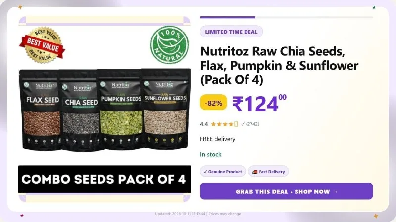 Nutritoz Raw Chia Seeds, Flax, Pumpkin & Sunflower (Pack Of 4) at ₹124