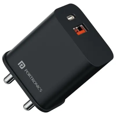 Portronics 20W Adapto 20B Dual Port (Type C PD & USB-A) Fast Charging Adaptor, Smart Protection Chip, Wide Compatibility, USB-A Output, Type at ₹331