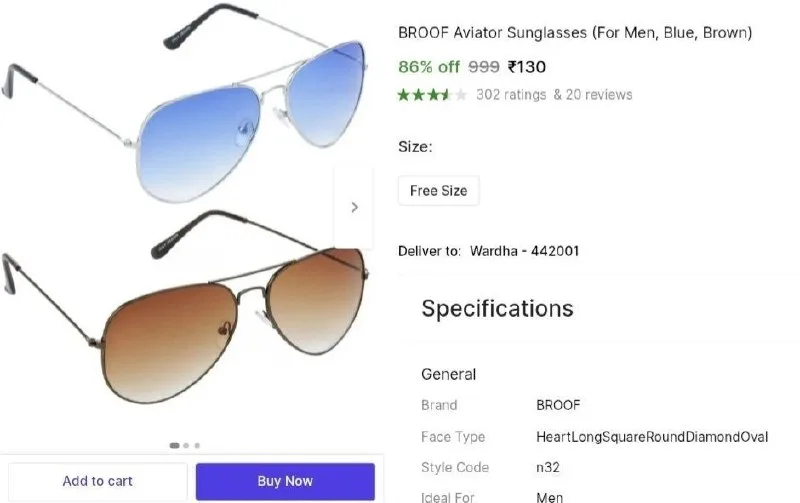 Pack of 2 Aviator Sunglasses at ₹130