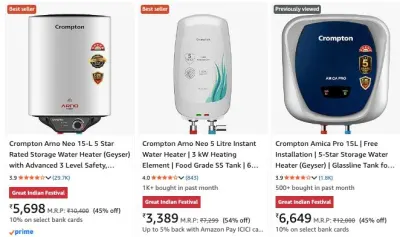 Crompton Water Heaters + 10% Bank Offers at ₹3,389