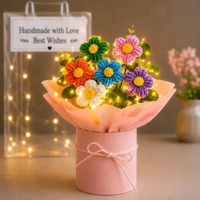 PulGos 𝟏𝐩𝐜𝐬 Artificial Crochet Flower Bouquet with LED Light| Handmade Yarn Knitted Floral Bunch for Home & Office Décor at ₹188