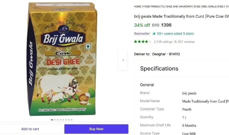 1Ltr Pure Cow Ghee at ₹398