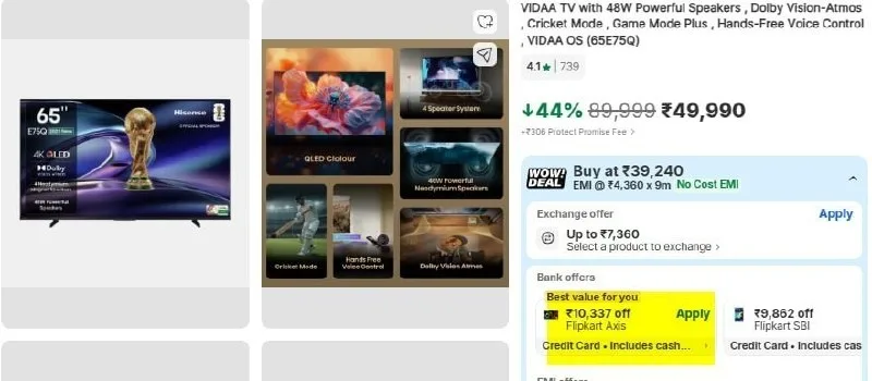 Hisense 65-Inch 4K QLED Smart VIDAA TV at ₹39,653