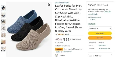 Men’s Cotton No-Show Loafer Socks (Pack of 3) at ₹341