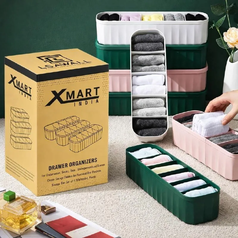 XMART INDIA Drawer Organizers for Underwear, Socks, Ties - Set of 4 (Multicolor) at ₹153