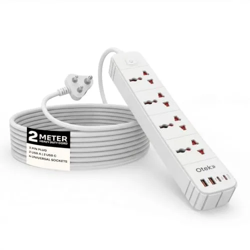 OTEK Extension Board Power Strip 4 Universal Sockets 2 USB Type A 2 Type C Ports 2 Meter Cord 2500W 10A Surge Protector Fire Resistant ABS B at ₹850