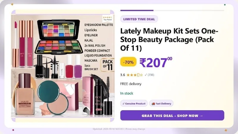 Lately Makeup Kit Sets One - Stop Beauty Package (Pack Of 11) at ₹207