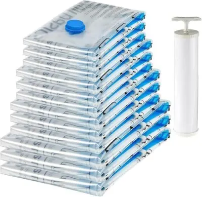 amazon basics Vacuum Compression Storage Bags with Hand Pump - 12-Pack (3 Jumbo, 3 Large, 3 Medium, 3 Small), Plastic | White at ₹1,059