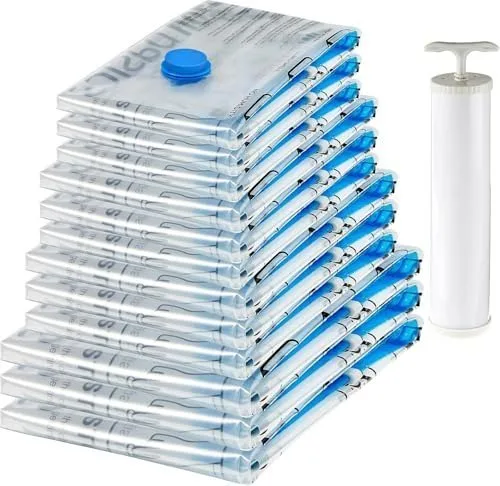 amazon basics Vacuum Compression Storage Bags with Hand Pump - 12-Pack (3 Jumbo, 3 Large, 3 Medium, 3 Small), Plastic | White at ₹1,059
