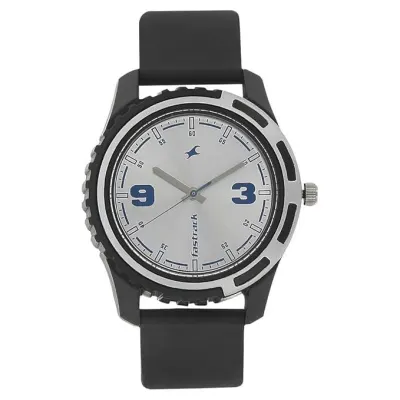 Fastrack Bare Basics Quartz Analog Silver Dial Black Plastic Strap Watch for Guys at ₹642