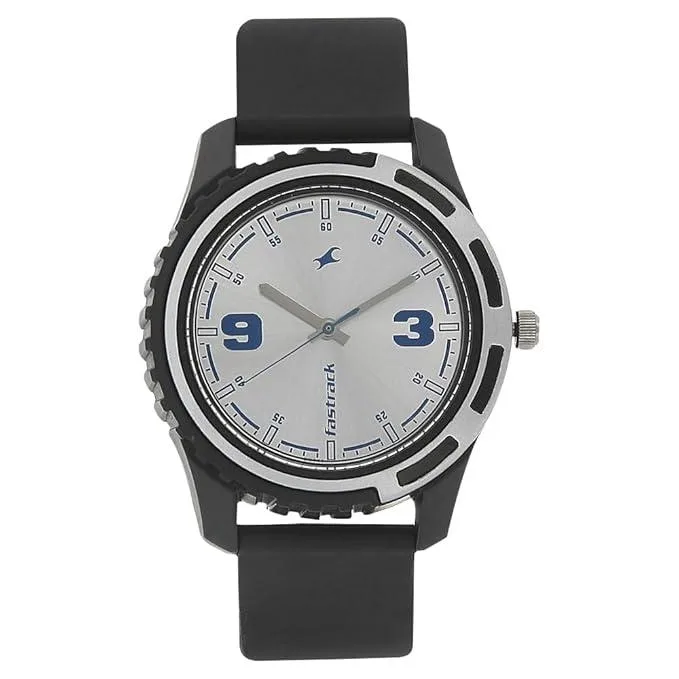 Fastrack Bare Basics Quartz Analog Silver Dial Black Plastic Strap Watch for Guys at ₹642