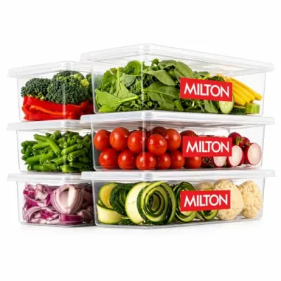 Milton Cryo Fridge Storage Boxes Set of 6 Fridge Organizer Container with Waterproof Vinyl Stickers & Removable Drain Plate, Lid, Stackable  at ₹400