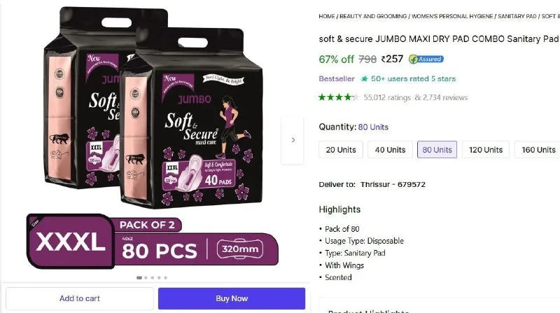 Soft & Secure Sanitary Pad (Pack Of 80) at ₹257