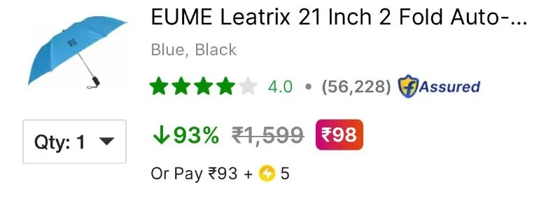 EUME Leatrix 21 Inch 2 Fold Auto-Open Umbrella at ₹98
