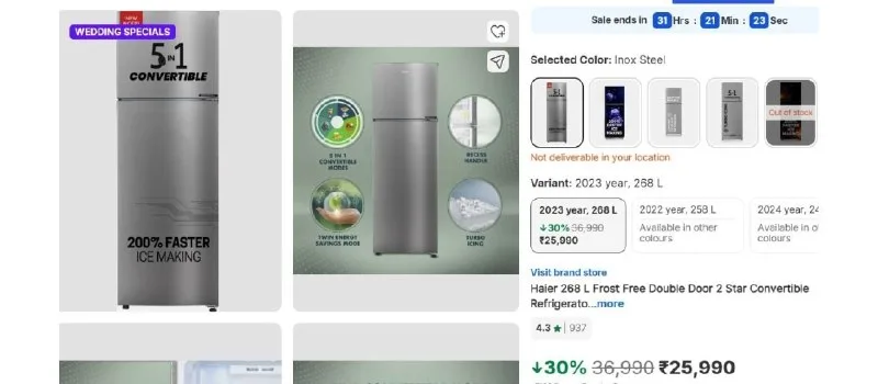 Haier 268 L Frost Free Double Door 2 Star Convertible Refrigerator at ₹15,366