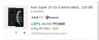 Acer Super ZX 5G (Carbon Black, 128 GB) at ₹16,999