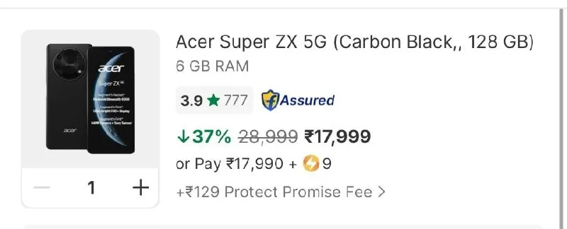 Acer Super ZX 5G (Carbon Black, 128 GB) at ₹16,999