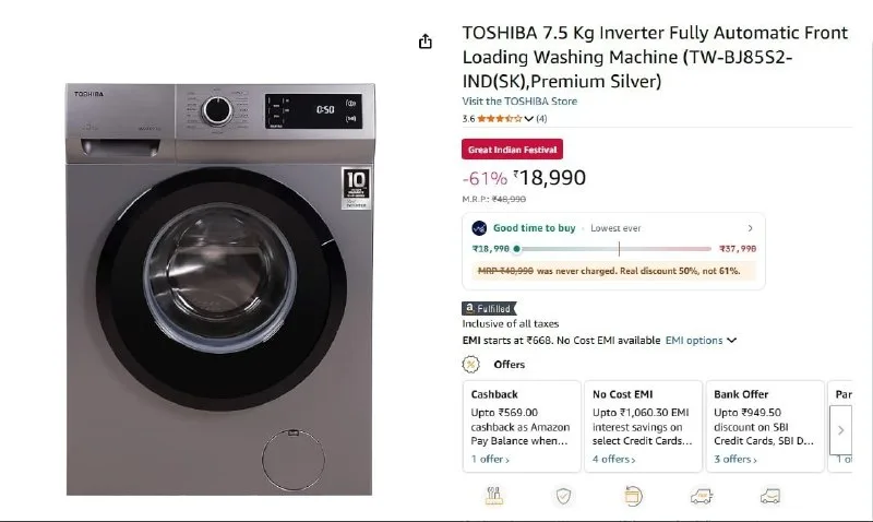 Toshiba 7.5 Kg Inverter Washing Machine at ₹18,990