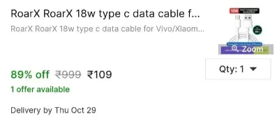 RoarX RoarX 18w type c data cable for Vivo/Xiaomi/Mi/redmi/samsung/realme/oppo/poco 1 m USB Type C Cable at ₹109