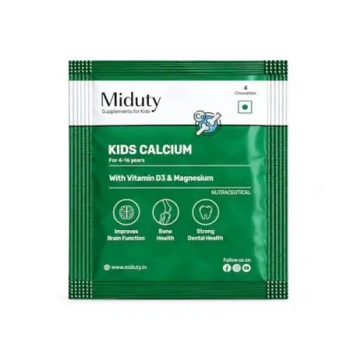 Miduty Kids Calcium - Vitamin D3, K2 & Magnesium - Chewables - Strong Bones & Teeth - Mint-Flavored, Sugar-Free Calcium Supplement for Activ at ₹99