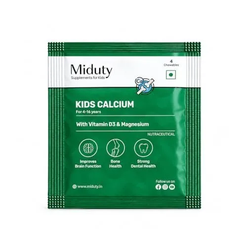 Miduty Kids Calcium - Vitamin D3, K2 & Magnesium - Chewables - Strong Bones & Teeth - Mint-Flavored, Sugar-Free Calcium Supplement for Activ at ₹99