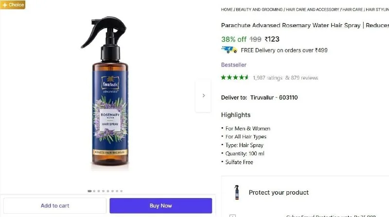 Parachute Advansed Rosemary Water Hair Spray, (100 ml) at ₹123