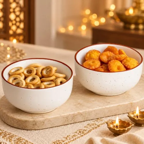 The Earth Store White Marble Ceramic Snack Bowls Set of 2 for Serving Pasta, Noodle, Maggi, Cereal Microwave Safe Salad Bowl, Mixing Bowl fo at ₹285