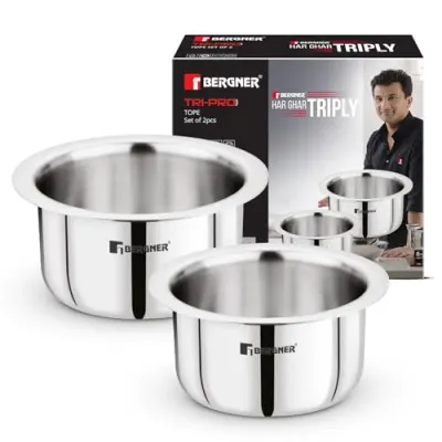 Bergner Tripro Triply Stainless Steel 2 Pcs Tope Set, Stainless Steel 14cm / 1.3 L and 16cm / 1.9 L Tope Set, Less Oil Use for Health Cookin at ₹1,261