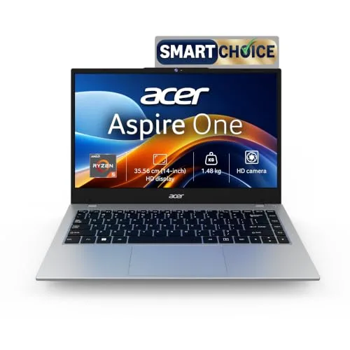 Acer Smartchoice Aspire One, AMD Ryzen 5-40, 8GB LPDDR5 RAM/ 512GB SSD, 14.0"/35.56cm WXGA Display, Win 11 Home, Pure Silver, 1.48KG, A114-4 at ₹36,999